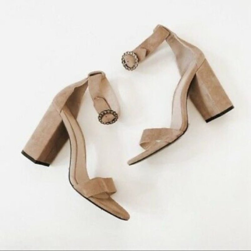 Maje Faria Suede Block Heel Sandal 40 Ankle Strap Crystal Taupe Nude